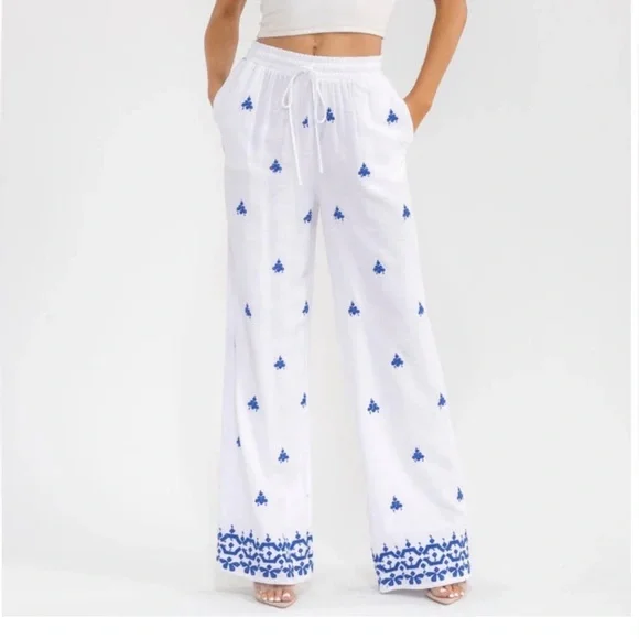 Bohemian Wide Leg Embroidered Linen Pants - Picture 2 of 4